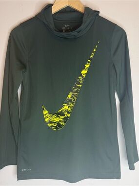 Nike Dark Green Long Sleeve Hoodie with Neon Yellow Swoosh